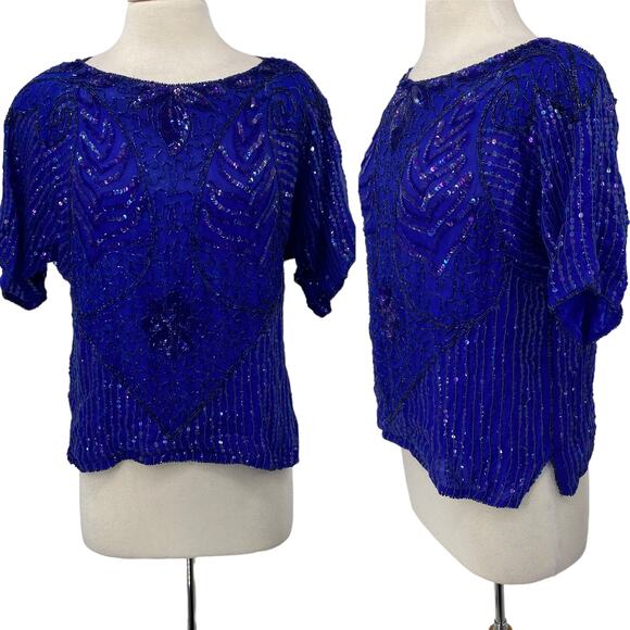 Vintage Tops - Vintage 80s Beaded Silk Top Short Sleeve Boatneck Pullover Sequins Blue Womens L